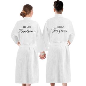 2 Pcs Couple's Cotton Waffle Robes Embroidered Matching Robes for Couples Lightweight Long Bathrobe Couple Gift Unisex Men Women Spa Robes for Home Spa Anniversary Hotel
