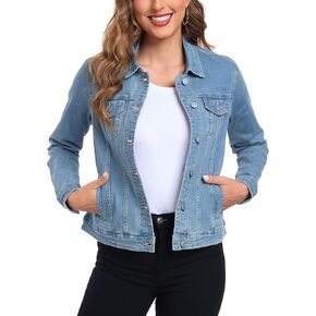 Anienaya Women's Stretchy Denim Jacket Long Sleeve Basic Trendy Button Up Trucker Jean Jackets