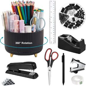 Green Office Supplies, Teal Desk Accessories 360°Pen Holder Desk Organizers and Accessories with Tape Dispenser, Stapler, Staple Remover, 1000 Staples, Tape, Clips Set, Ruler, Scissor, Pen