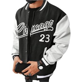 Men's Baseball Jacket Long Sleeve Alphabet Print Button Coat with Pockets Bomber Coat