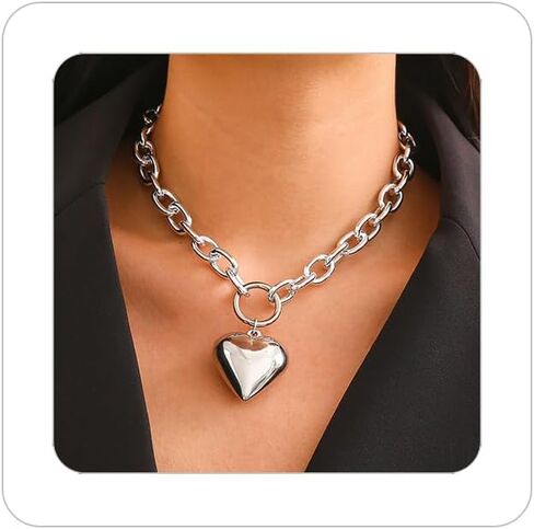 Link Chain Heart Necklace for Women Puffy Heart Necklace Y Shaped Necklace 14K Silver/Gold Plated Pendant Necklace Fashion Chunky Necklace Jewelry in Saudi Arabia