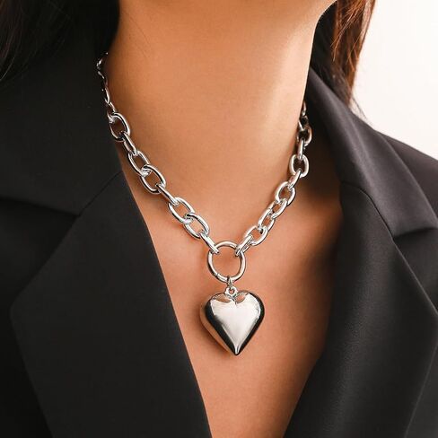 Link Chain Heart Necklace for Women Puffy Heart Necklace Y Shaped Necklace 14K Silver/Gold Plated Pendant Necklace Fashion Chunky Necklace Jewelry in Saudi Arabia
