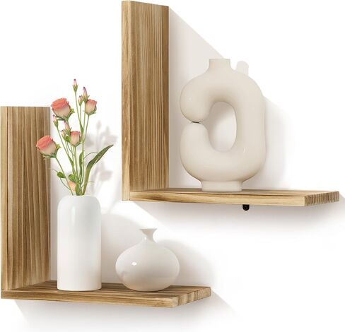 أرفف حائط afuly لغرفة النوم وغرفة المعيشة، أرفف خشبية عائمة لجدار الغرفة، رف مثبت على الحائط لتخزين الكتب ومنظم العرض على شكل حرف L، بني طبيعي حديث ديكور المنزل الخشب الصلب 12 بوصة in Kuwait