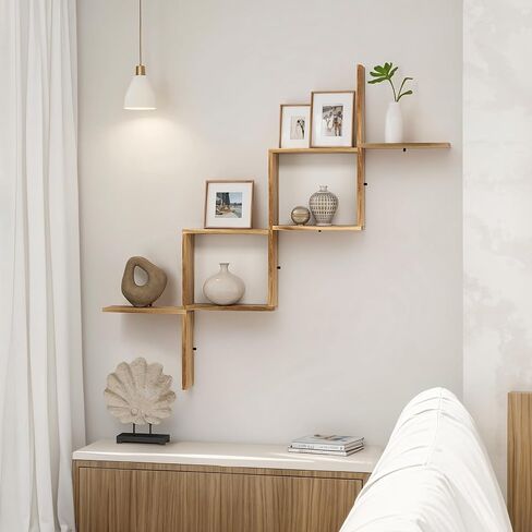 أرفف حائط afuly لغرفة النوم وغرفة المعيشة، أرفف خشبية عائمة لجدار الغرفة، رف مثبت على الحائط لتخزين الكتب ومنظم العرض على شكل حرف L، بني طبيعي حديث ديكور المنزل الخشب الصلب 12 بوصة in Kuwait