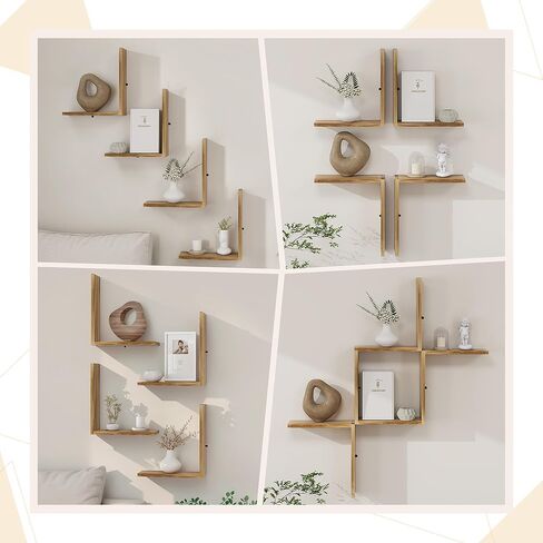 أرفف حائط afuly لغرفة النوم وغرفة المعيشة، أرفف خشبية عائمة لجدار الغرفة، رف مثبت على الحائط لتخزين الكتب ومنظم العرض على شكل حرف L، بني طبيعي حديث ديكور المنزل الخشب الصلب 12 بوصة in Kuwait