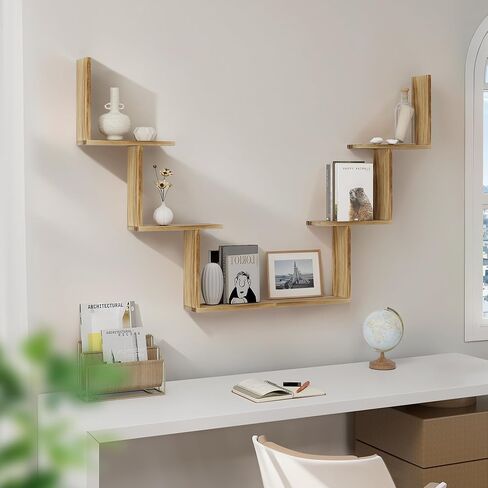أرفف حائط afuly لغرفة النوم وغرفة المعيشة، أرفف خشبية عائمة لجدار الغرفة، رف مثبت على الحائط لتخزين الكتب ومنظم العرض على شكل حرف L، بني طبيعي حديث ديكور المنزل الخشب الصلب 12 بوصة in Kuwait