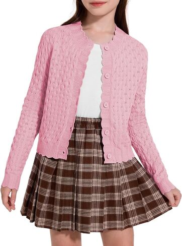 Girls Cardigan Sweaters Long Sleeve Cable Knitted Cropped Sweater Button Closure Tops 5-12Y in Saudi Arabia