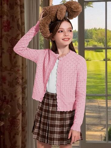Girls Cardigan Sweaters Long Sleeve Cable Knitted Cropped Sweater Button Closure Tops 5-12Y in Saudi Arabia