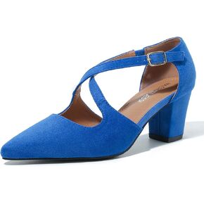 Women's Block Chunky Heel Pumps Cross Strap Closed Pinted Toe Low Heeled Dress Shoes Black Suede 41 - US 9
