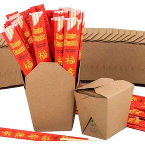 White 16 oz Chinese Take Out Box and Premium Bamboo Disposable, Sleeved and Separated Chopstick Set. 25 of Each by Avant Grub. Stackable, Recyclable Leak and Grease Resistant to Go Food Containers