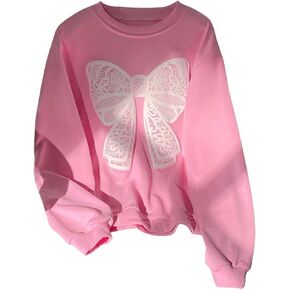 Girl's Round Neck Bow Graphic Print Sweatshirts Long Sleeve Drop Shoulder Pullovers