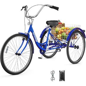 7-Speed Adult Tricycle with Large Basket 24/26 Inch, Stable 3-Wheel Cruise Bicycle for Shopping, Beach and City Trike Perfect for Men, Women, Seniors(Red/Blue/Purple)