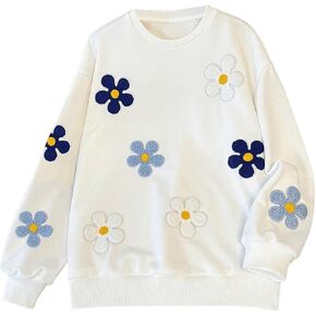 Milumia Girl's Flower Patched Crew Neck Sweatshirt Long Sleeve Loose Pullovers