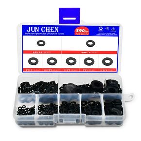 JUNCHEN 3989pcs Large Black Flat Washers Spacers，36 Sizes Flat Washers Assortment Kit，Nylon Washers for Screws，O Ring Outdoor Faucet Repair Kit，Fender Washers