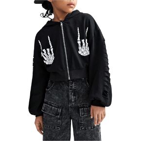 Floerns Girl's Skeleton Print Long Sleeve Hoodie Jackets Zip Up Halloween Sweatshirts