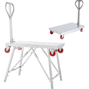Heavy Duty Portable Platform Truck with Height Adjustable Legs, Folding Moving Scaffolding Work Platform, Flatbed Industrial Push Cart for Home, Garage, Warehouse