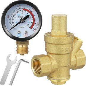 PartyKindom Water Pressure Regulator: DN15 Brass Adjustable 1/2" Water Pressure Reducing Valve with Gauge for Home Camper RV Garden Hose, 0-16Bar/0-220 Psi