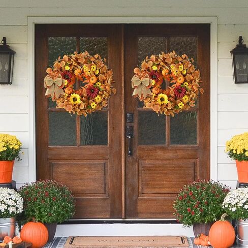 إكليل الخريف ديكور الخريف - أكاليل الخريف للباب الأمامي، إكليل الخريف مقاس 45.72 سم لتزيين الشرفة المنزلية ونافذة حائط الهالوين وعيد الشكر in Kuwait