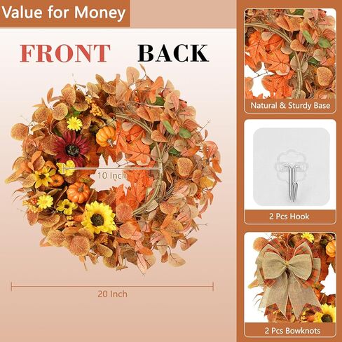 إكليل الخريف ديكور الخريف - أكاليل الخريف للباب الأمامي، إكليل الخريف مقاس 45.72 سم لتزيين الشرفة المنزلية ونافذة حائط الهالوين وعيد الشكر in Kuwait
