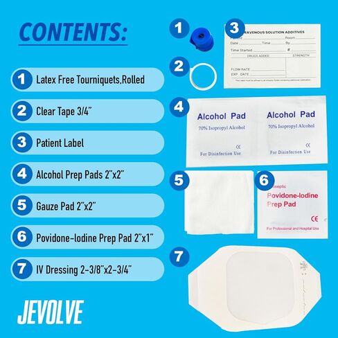 50PCs IV Starter Kit with Gauze/Chlorascrub Swab LF by JEVOLVE | Posi-Guard Catheter Securement Device & Transparent Window Dressing | Latex-Free Tourniquets in Saudi Arabia