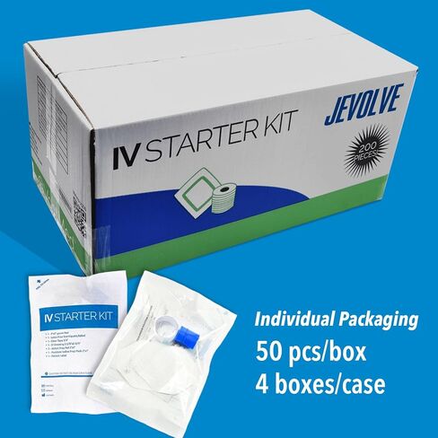 50PCs IV Starter Kit with Gauze/Chlorascrub Swab LF by JEVOLVE | Posi-Guard Catheter Securement Device & Transparent Window Dressing | Latex-Free Tourniquets in Saudi Arabia