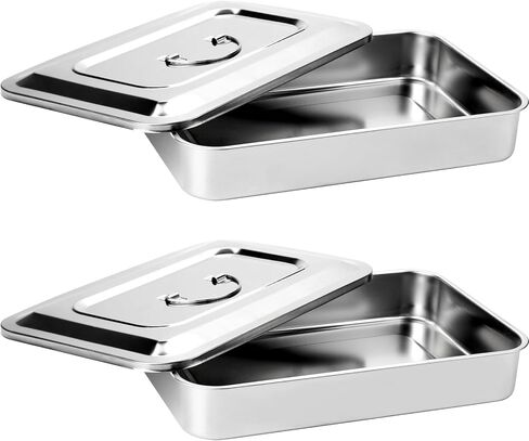 2 قطعة 201 صواني جراحية من الفولاذ المقاوم للصدأ، صينية طب الأسنان الطبية، صينية تعقيم مع غطاء ومقبض لأدوات طب الأسنان الجراحية (11.8 بوصة) in Kuwait