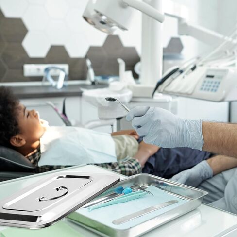 2 قطعة 201 صواني جراحية من الفولاذ المقاوم للصدأ، صينية طب الأسنان الطبية، صينية تعقيم مع غطاء ومقبض لأدوات طب الأسنان الجراحية (11.8 بوصة) in Kuwait