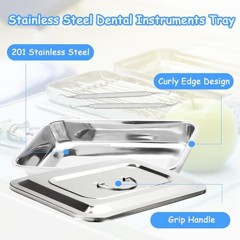 2 قطعة 201 صواني جراحية من الفولاذ المقاوم للصدأ، صينية طب الأسنان الطبية، صينية تعقيم مع غطاء ومقبض لأدوات طب الأسنان الجراحية (11.8 بوصة) in Kuwait