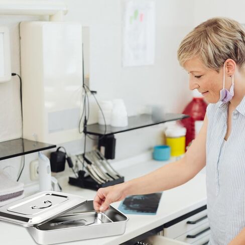 2 قطعة 201 صواني جراحية من الفولاذ المقاوم للصدأ، صينية طب الأسنان الطبية، صينية تعقيم مع غطاء ومقبض لأدوات طب الأسنان الجراحية (11.8 بوصة) in Kuwait