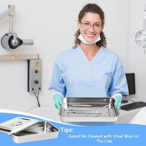 2 قطعة 201 صواني جراحية من الفولاذ المقاوم للصدأ، صينية طب الأسنان الطبية، صينية تعقيم مع غطاء ومقبض لأدوات طب الأسنان الجراحية (11.8 بوصة) in Kuwait