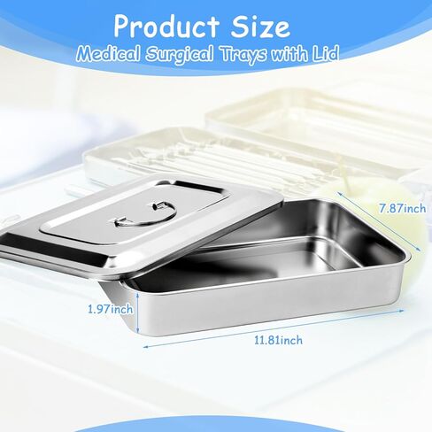 2 قطعة 201 صواني جراحية من الفولاذ المقاوم للصدأ، صينية طب الأسنان الطبية، صينية تعقيم مع غطاء ومقبض لأدوات طب الأسنان الجراحية (11.8 بوصة) in Kuwait