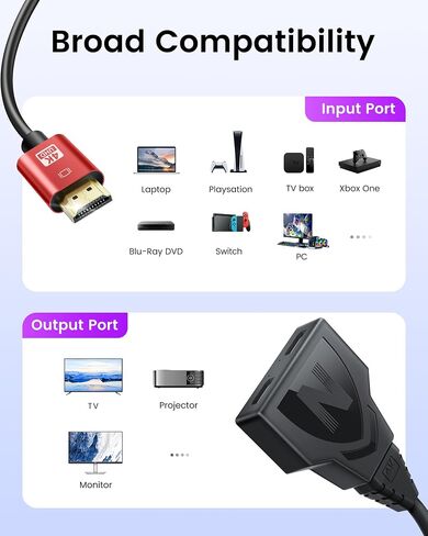 HDMI Splitter Adapter Cable 4K, HDMI Splitter 1 in 2 Out One Male to Dual Female Support Different Size TV Mirror Input Screen at The Same Time, 1 to 2 Way HDMI Splitter for HDMI HD, LED, LCD, TV, 3D in Saudi Arabia