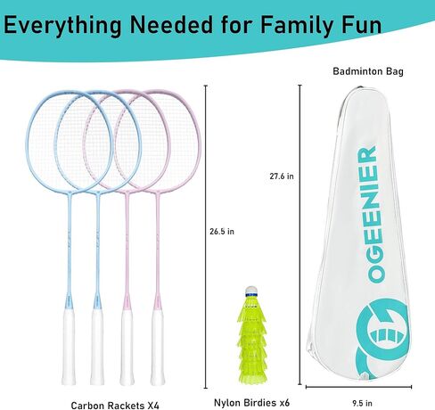 OGEENIER Badminton Rackets Set of 4 for Beginner, 4-Player Badminton Set with 4 Rackets+6 Nylon Badminton Birdies, Lightweight Badminton Racquet for Gym, 3U Racket in Saudi Arabia