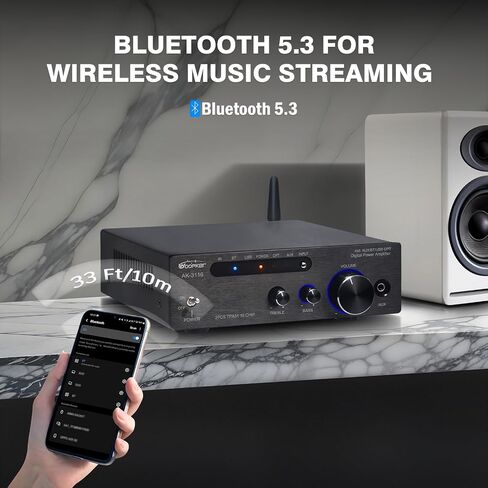 AK3116 Stereo Receivers Audio Amplifier, Bluetooth 5.3 Dual TPA3116 Chips Bluetooth Amplifier 2 Channel 100W x2 Mini Class D Integrated Home Audio Stereo Amplifier w/USB AUX Opt Input in Saudi Arabia