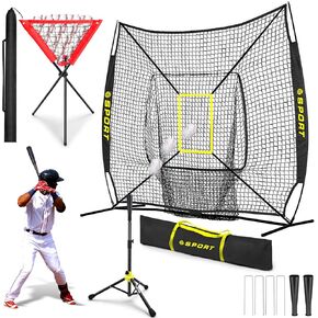 7'×7'Baseball Softball Practice Net-Batting Catching Pitching Training Equipment Set Portable Batting Tee Ball Holder Caddy-Baseball Softball Coach Pack.Great for All Skill Levels