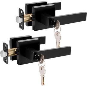 HOSOM Entry Door Handles with Lock and Key, Exterior Interior Door Handle, Matte Black Door Handle Modern Entrance Door Lever Handleset for Left Right Heavy Duty Door Lock Door Knob, 2 Pack