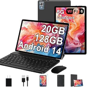 2024 Newest Android 14 Tablet with Keyboard 20GB+128GB+1TB Expand, 10.1 Inch Octa-Core 2-in-1 Tablets with HD IPS Display, 5G Wifi 6, 6000 mAh, Widevine L1, Split Screen,Face Unlock,Mouse,Case -Purple