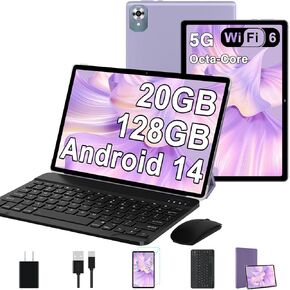2024 Newest Android 14 Tablet with Keyboard 20GB+128GB+1TB Expand, 10.1 Inch Octa-Core 2-in-1 Tablets with HD IPS Display, 5G Wifi 6, 6000 mAh, Widevine L1, Split Screen,Face Unlock,Mouse,Case -Purple