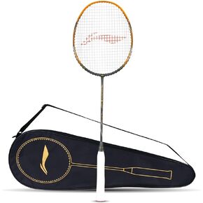 مضرب كرة الريشة Li-Ning 3D Calibar X Drive Carbon Graphite Strung Badminton، 82 جرامًا، 30 رطلاً من شد السلسلة وغطاء كامل مجاني (رمادي داكن/ذهبي) in Kuwait