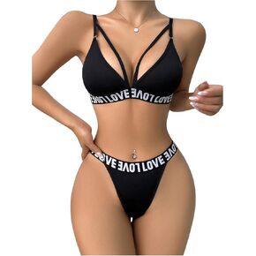 Verdusa Women's Harness Lingerie Sets 2 Piece Letter Print Bra and Panty Set