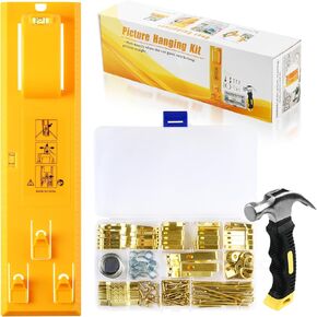 Picture Hanging Kit, Goodsnova Picture Hanging Tool with Level and Marking Device, Including 217 Pieces of Wall Hanging Kit with Hooks, Nails, Wires and Hammer (Yellow)