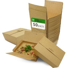 Holotap 50Pcs 70Oz Disposable Kraft Paper To Go Containers With Lids,Microwaveable and Grease Resistant Cardboard Lunch Boxes,Meal Prep Containers Reusable for Restaurant, Kitchen,and Party