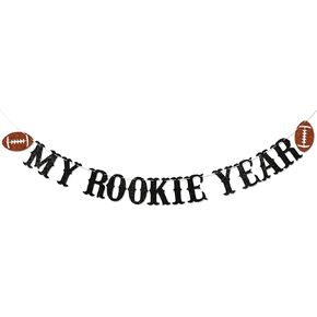 My Rookie Year Banner - Rookie of the Year Football Banner, Football One Year Old Birthday Party Decor, First Year Down Birthday Party Sign Black Glitter