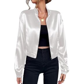 Verdusa Women's Bomber Satin Lightweight Jacket Drop Shoulder Long Sleeve Zip Up Outerwear