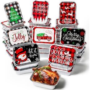 MALLMALL6 40Pcs Thanksgiving Tin Foil Containers with Lids for Treat Exchange & Goody Party Leftovers, Harvest Themed Cardboard Covers Autumn Aluminum Disposable Food Storage Pan 7.4" W X 5.4" L X 2"