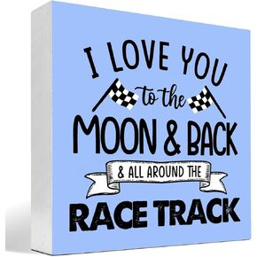 z-crange I Love You To The Moon And Back And All Around The Race Track Wood Box Sign Desk Decor,Farmhouse Racing Checkered Flags Box Block Sign for Home Boys Room Shelf Table Decor Decorations