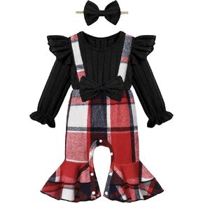 Queenstyle Newborn Baby Girl Clothes Romper Long Sleeve Ruffle Jumpsuit Cute Infant Girl Fall Winter Outfits with Headband