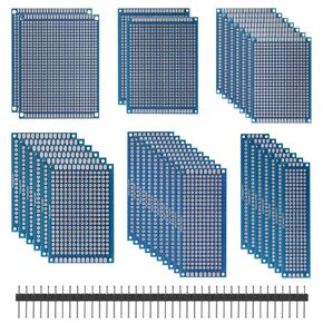 6 Vaules 34 Pcs Double Sided PCB Board Prototype Kit for DIY Soldering with 6 Sizes with 20pcs 40P 2.54mm Pitch Single Row Pin Header Strip Compatible with Arduino Kit