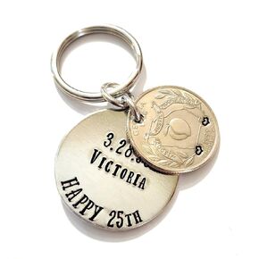 Happy 25th Birthday or Anniversary Key Chain with a 1999 Quarter for 25 Years Gift for Him or Her