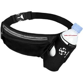 Running Belt Sport Waist Pack with Water Bottle Holder Hydration Belt Fanny Pack Reflective Stripes Cellphone Storage Earphone hole for Dog walker Hiking Travel (Whole BLACK)